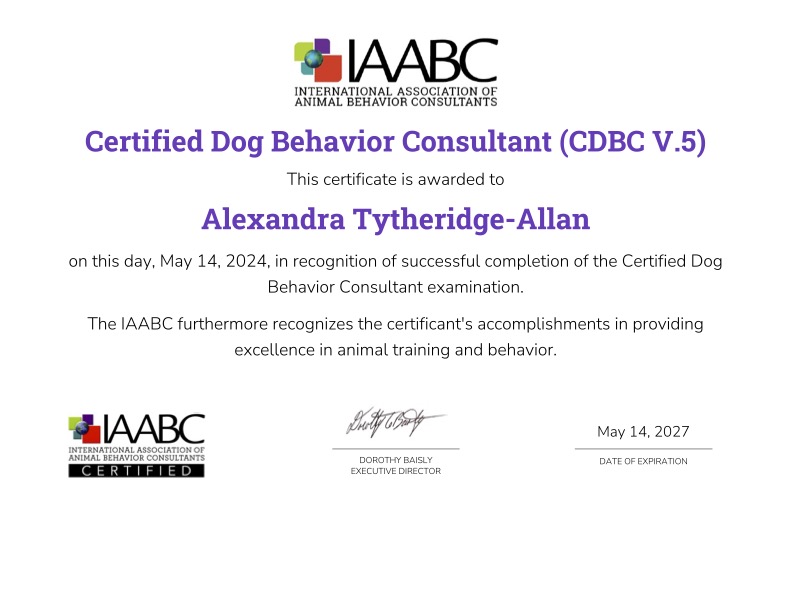 Certificate from IAABC for Alexandra Tytheridge-Allan