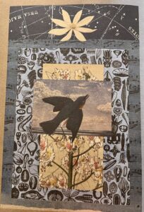 Black 7 gold illustration of a bird created by the author's brother