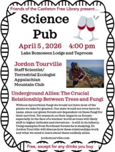 Informational poster about "Science Pub" on 5 April with speaker Jordon Tourville. Bomoseen Tap Room.